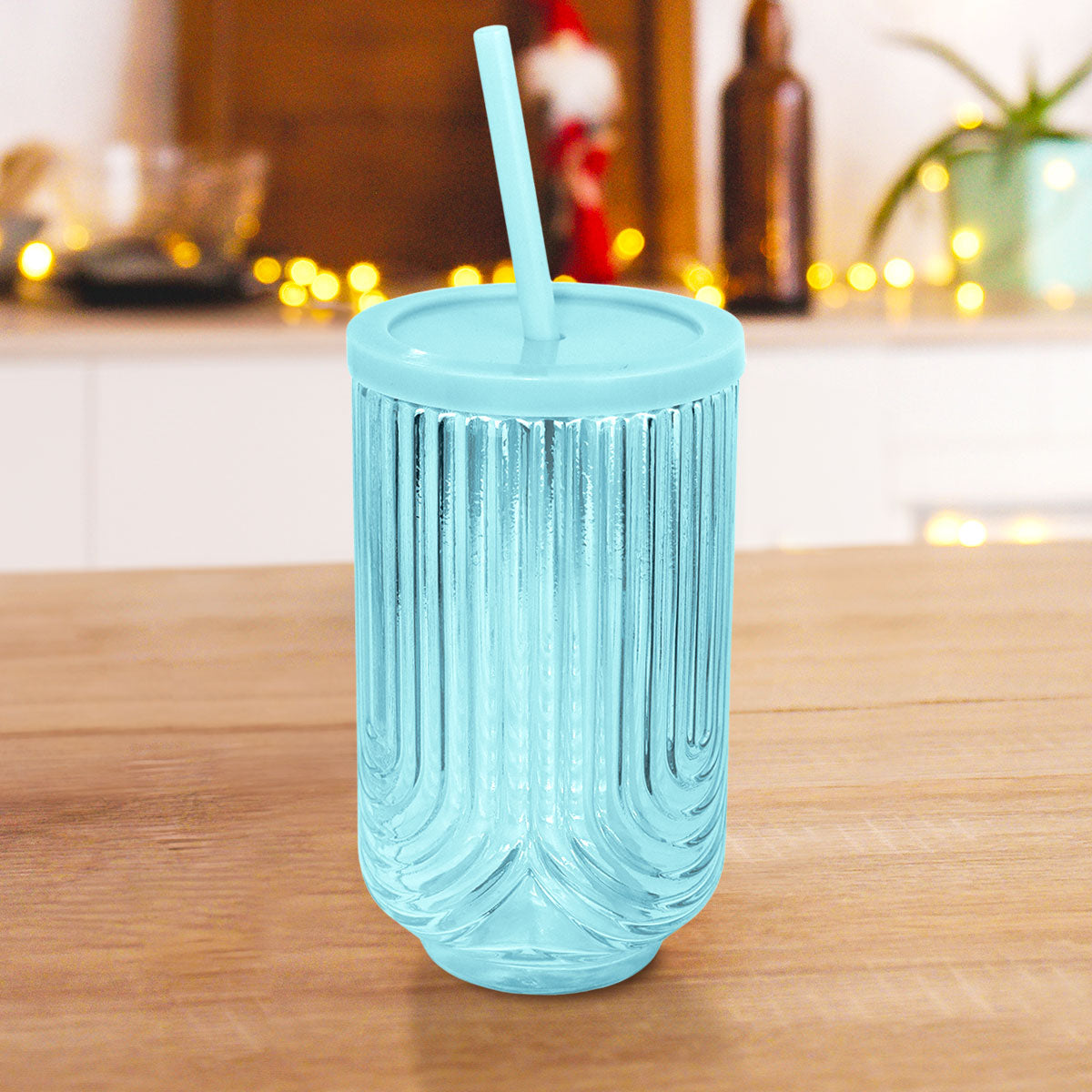 Vaso de Cristal Texturizado con Tapa y Popote, Color Azul, 450 ml