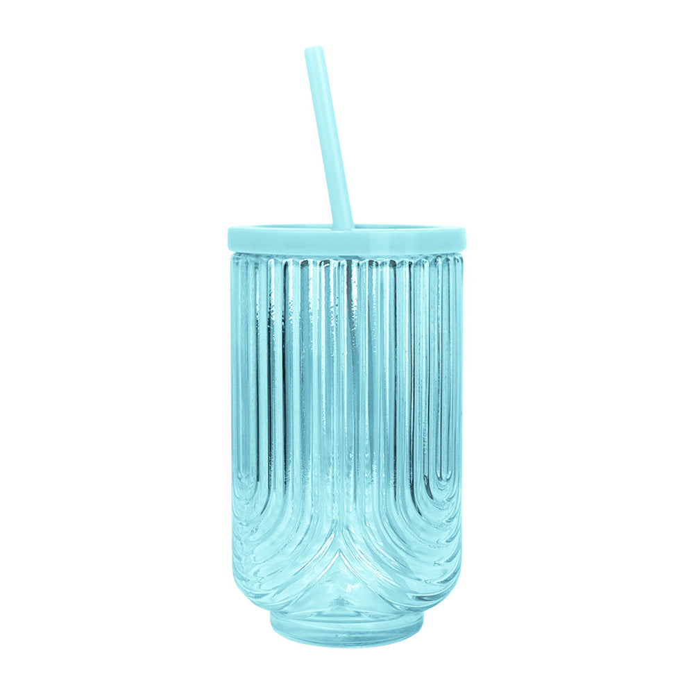 Vaso de Cristal Texturizado con Tapa y Popote, Color Azul, 450 ml