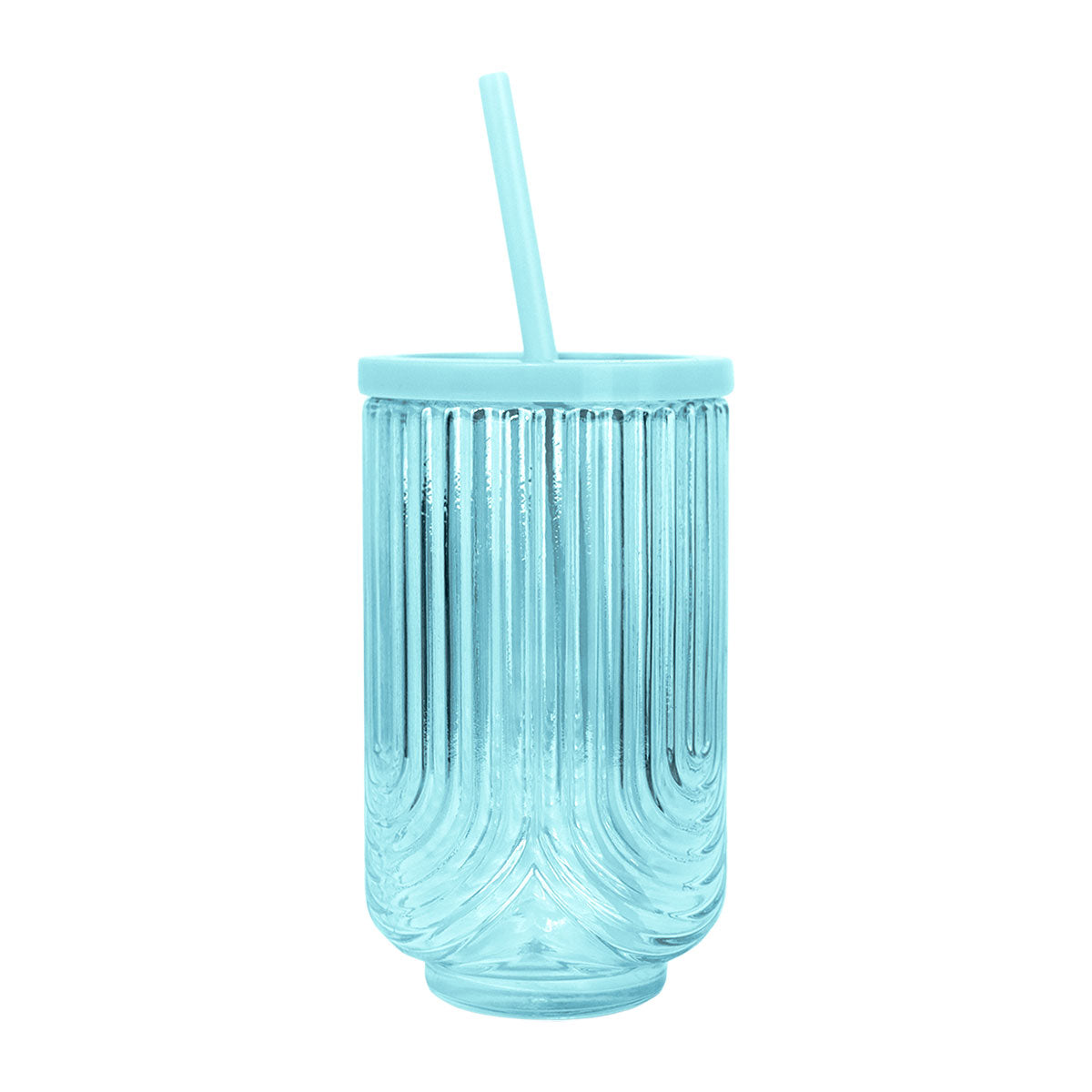 Vaso de Cristal Texturizado con Tapa y Popote, Color Azul, 450 ml