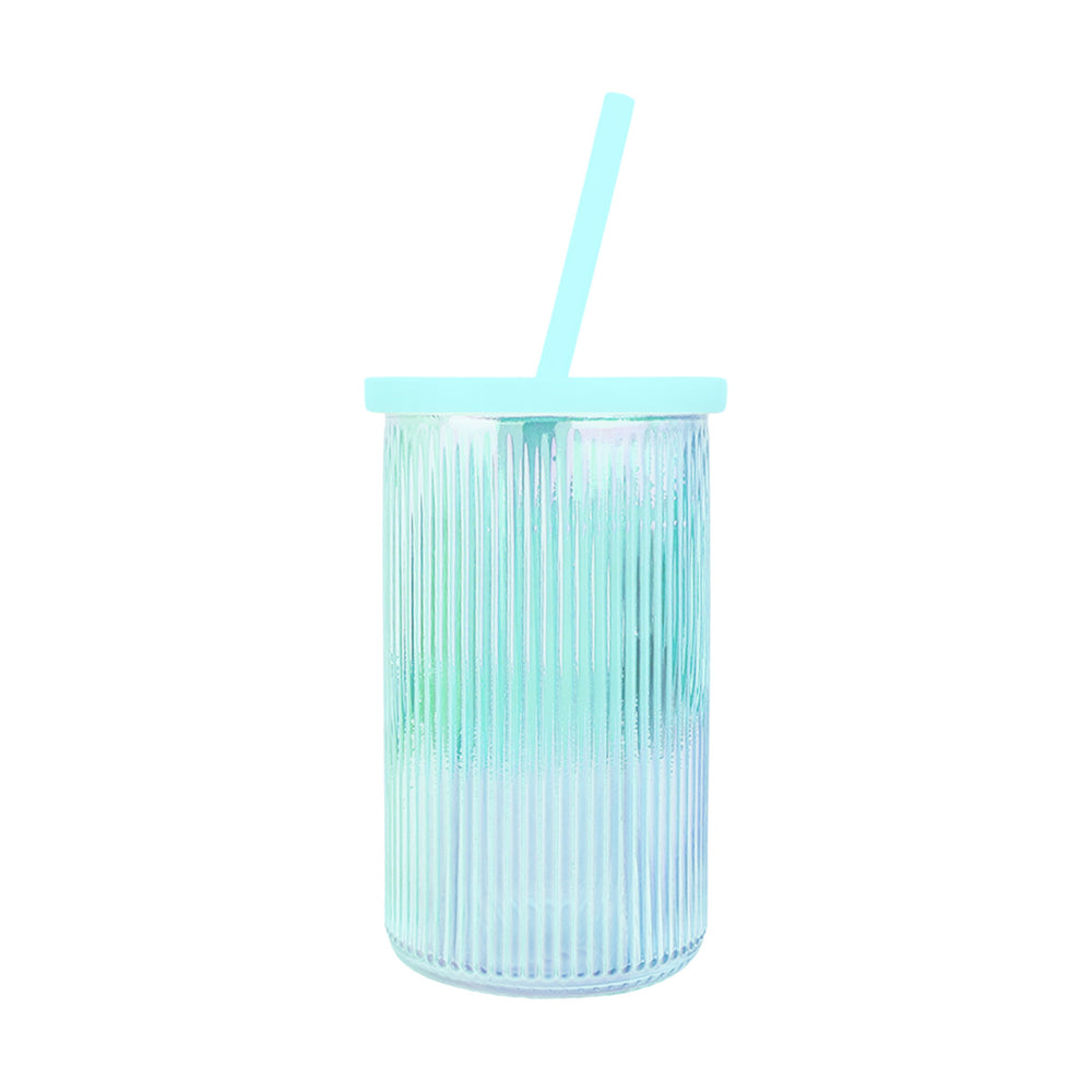 Vaso de Cristal con Tapa y Popote, Tornasol Color Azul, 430 ml