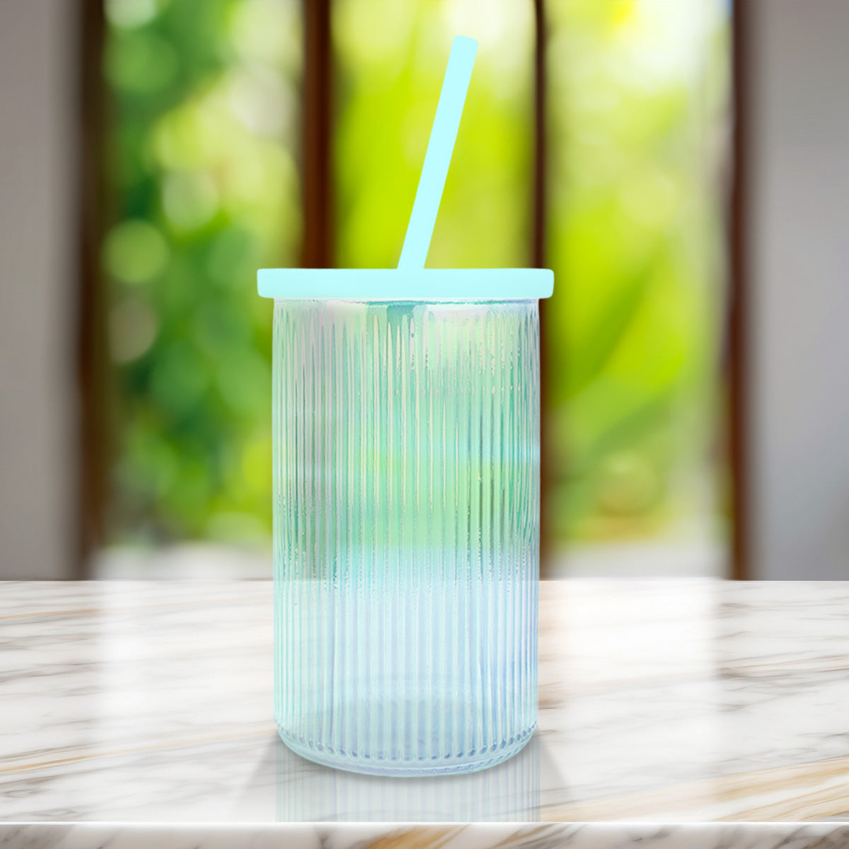 Vaso de Cristal con Tapa y Popote, Tornasol Color Azul, 430 ml