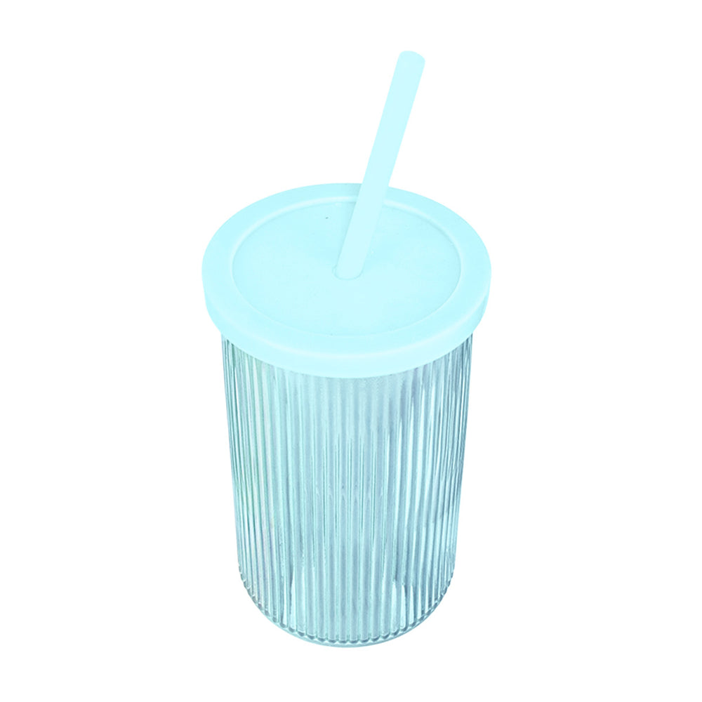 Vaso de Cristal con Tapa y Popote, Tornasol Color Azul, 430 ml
