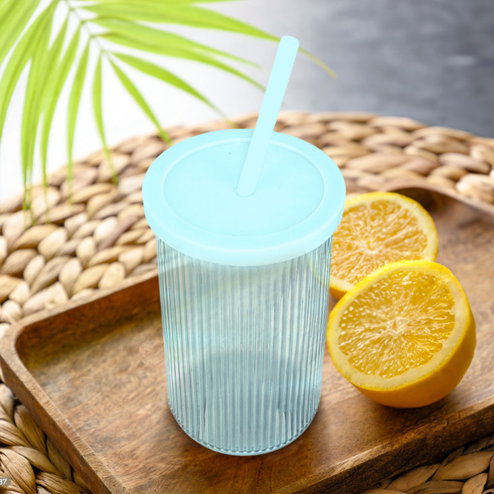 Vaso de Cristal con Tapa y Popote, Tornasol Color Azul, 430 ml