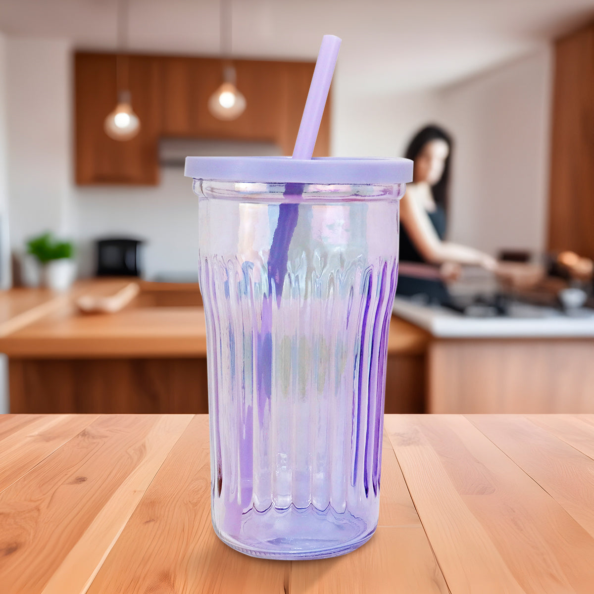 Vaso de Cristal con Tapa y Popote, Tornasol Color Morado, 480 ml