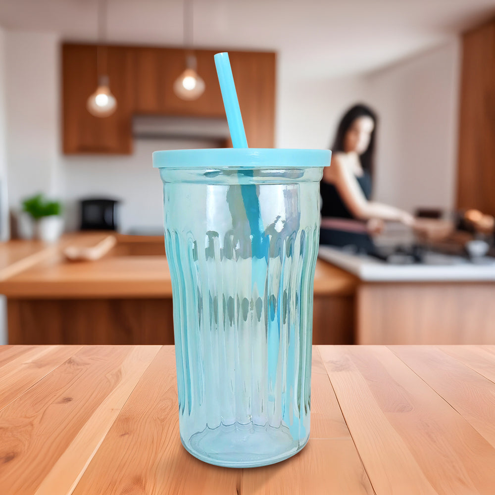 Vaso de Cristal con Tapa y Popote, Tornasol Color Azul, 480 ml