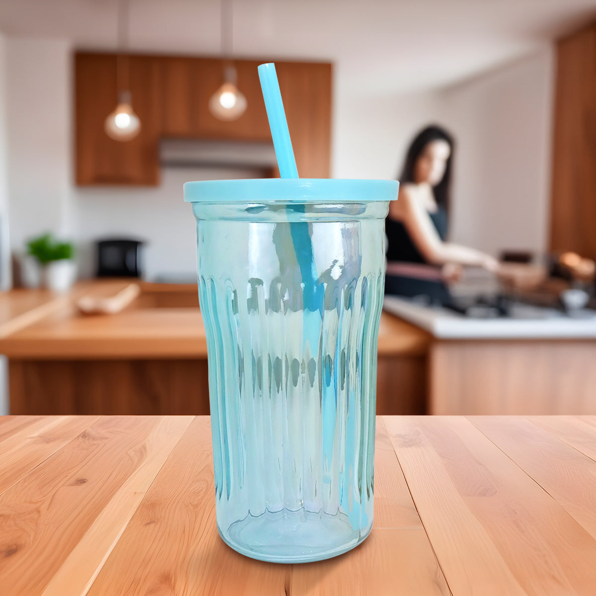 Vaso de Cristal con Tapa y Popote, Tornasol Color Azul, 480 ml
