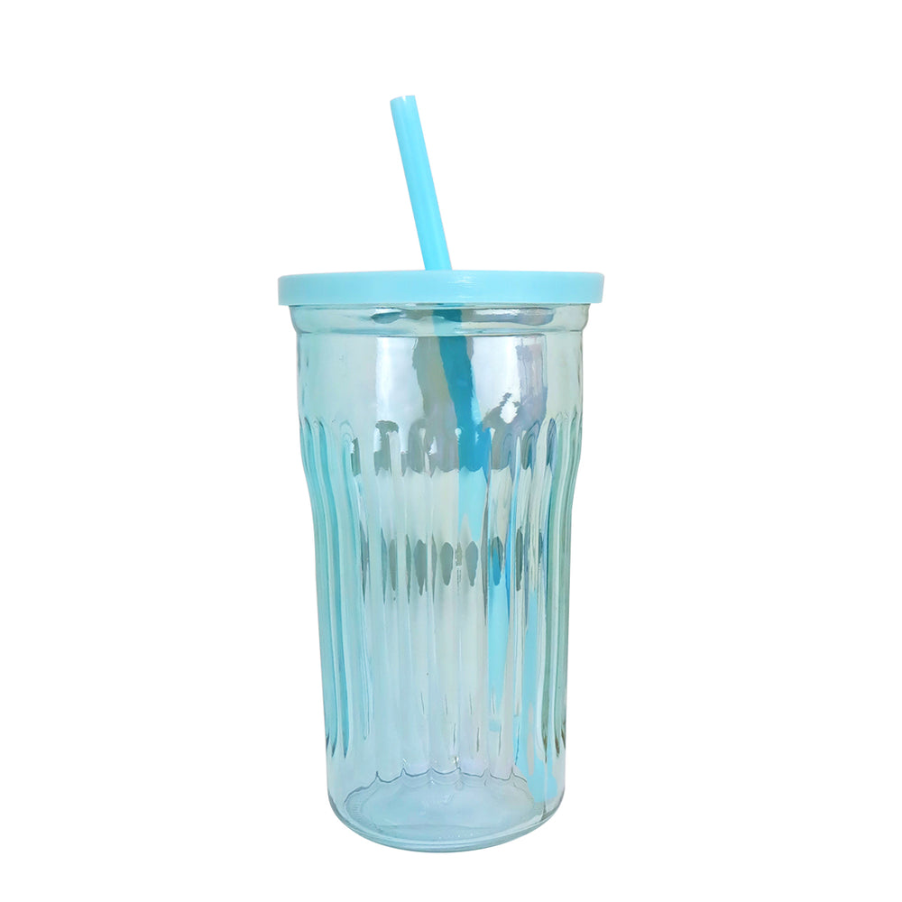 Vaso de Cristal con Tapa y Popote, Tornasol Color Azul, 480 ml