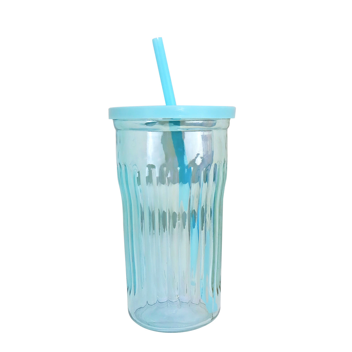 Vaso de Cristal con Tapa y Popote, Tornasol Color Azul, 480 ml