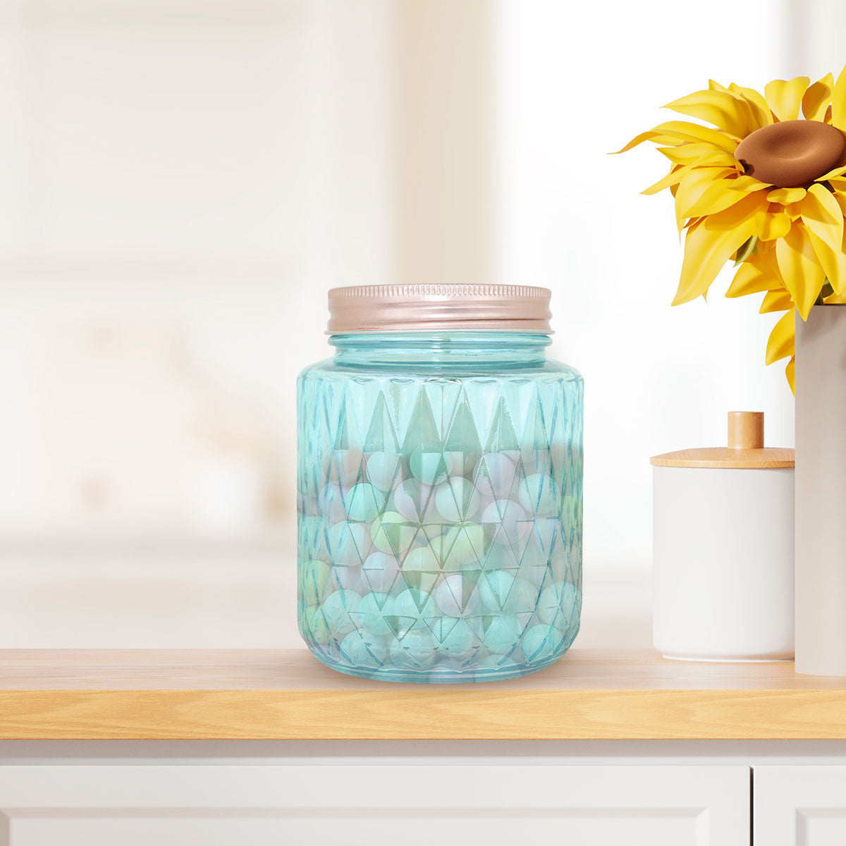 Frasco de Vidrio Diseño Rombos con Tapa, Color Azul, Capacidad 1000 ml