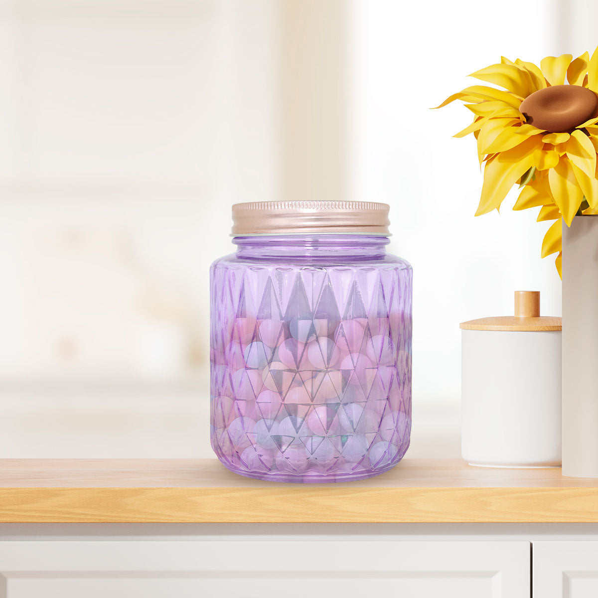 Frasco de Vidrio Diseño Rombos con Tapa, Color Morado, Capacidad 1000 ml