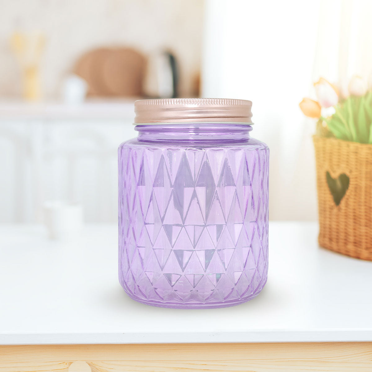 Frasco de Vidrio Diseño Rombos con Tapa, Color Morado, Capacidad 1000 ml