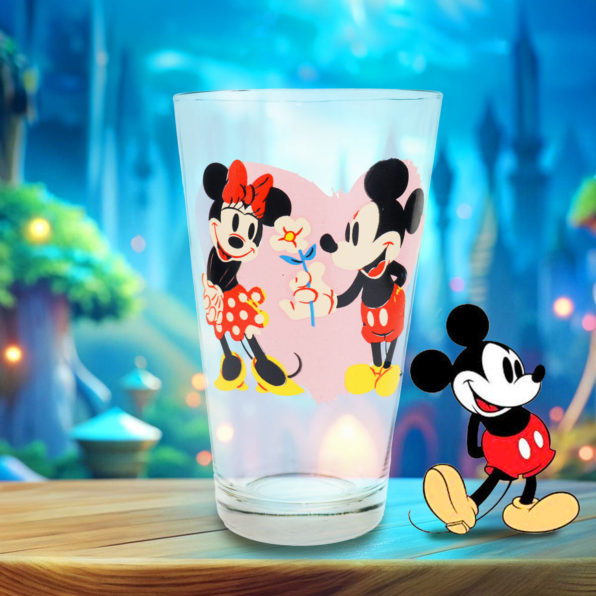 Vaso Cristal Transparente, Diseño Mickey & Minnie, 414 ml