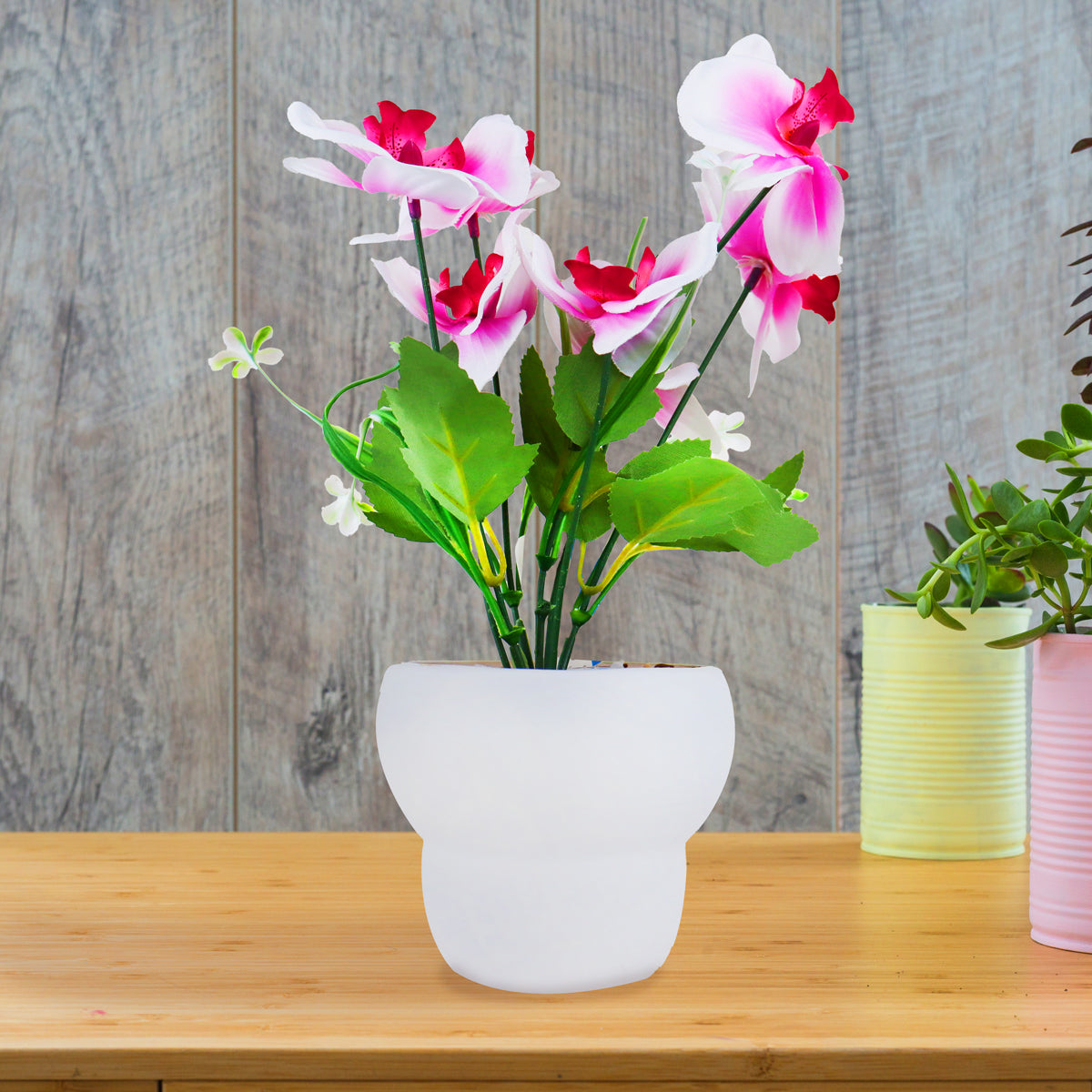 Maceta con Orquídea Artificial, Color Blanco y Rosa