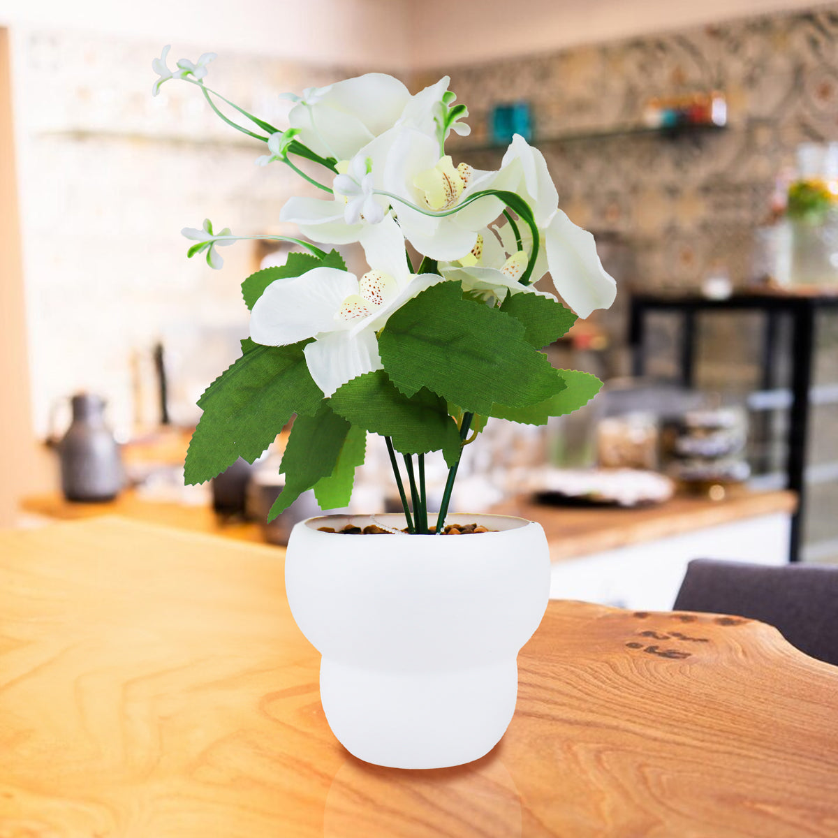 Maceta con Orquídea Artificial, Color Blanco