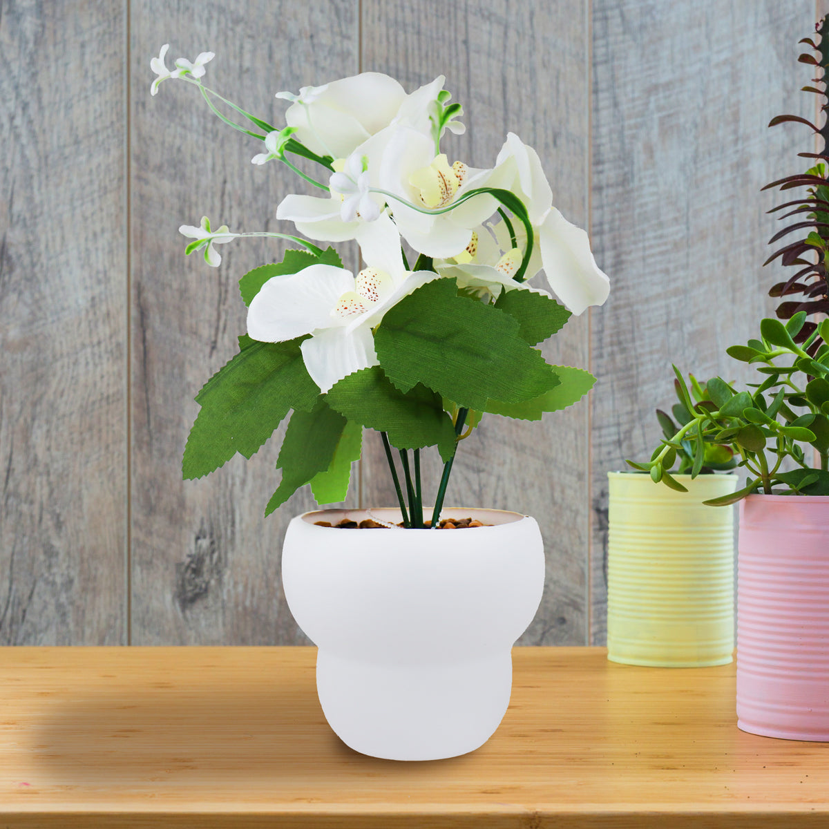Maceta con Orquídea Artificial, Color Blanco