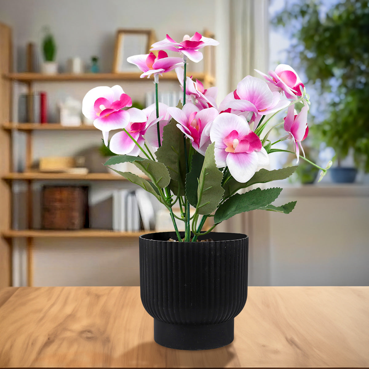 Maceta con Flor Artificial, Color Rosa con Blanco, 25 cm