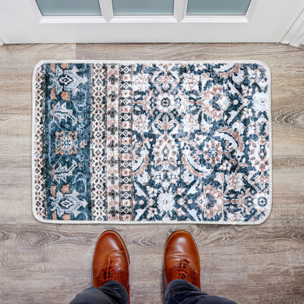 Tapete Color Verde con Beige, Diseño Bohemio Deslavado, 40x60 cm