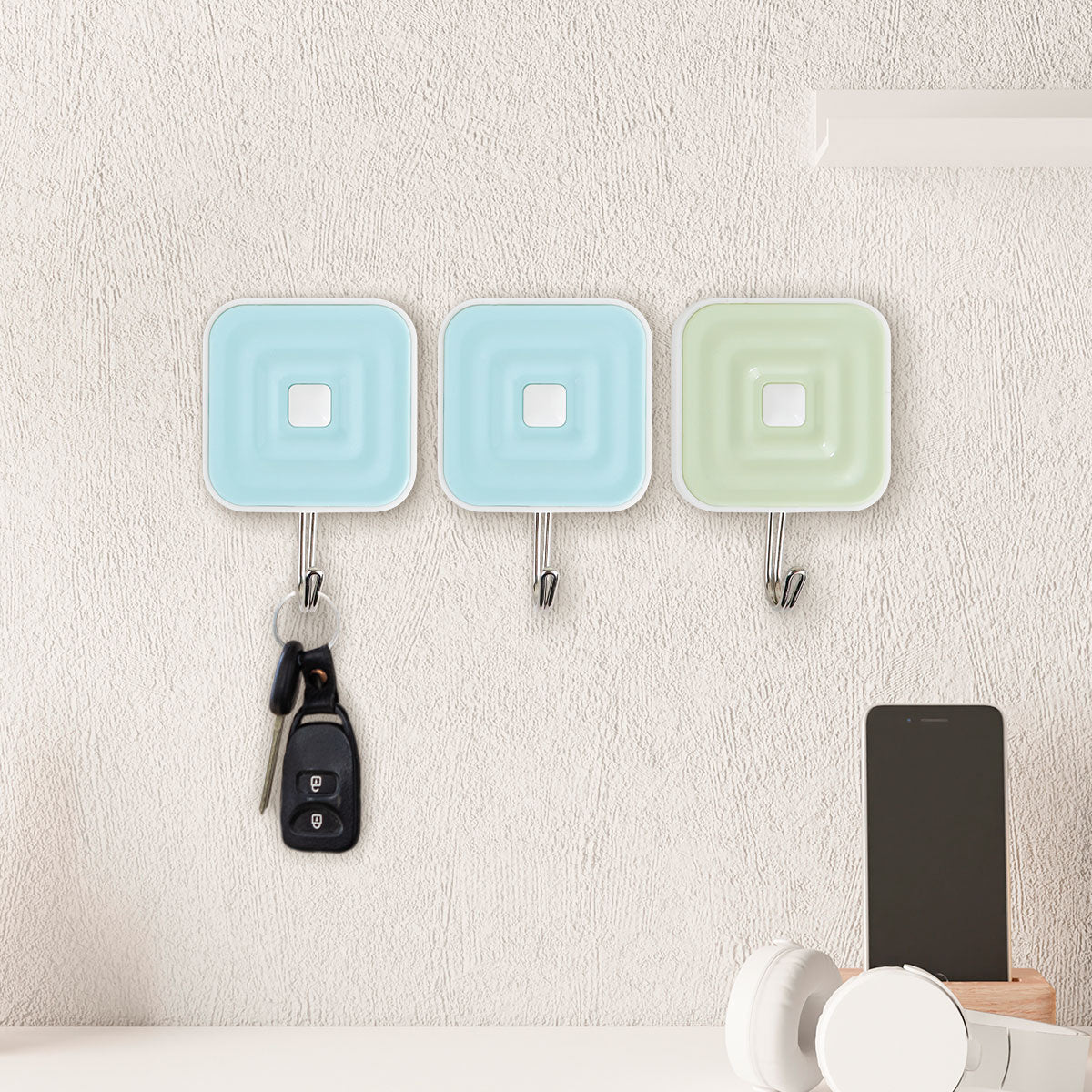 Colgadores Metálicos Cuadrados Autoadhesivos, Color Azul y Verde, 3 pzas