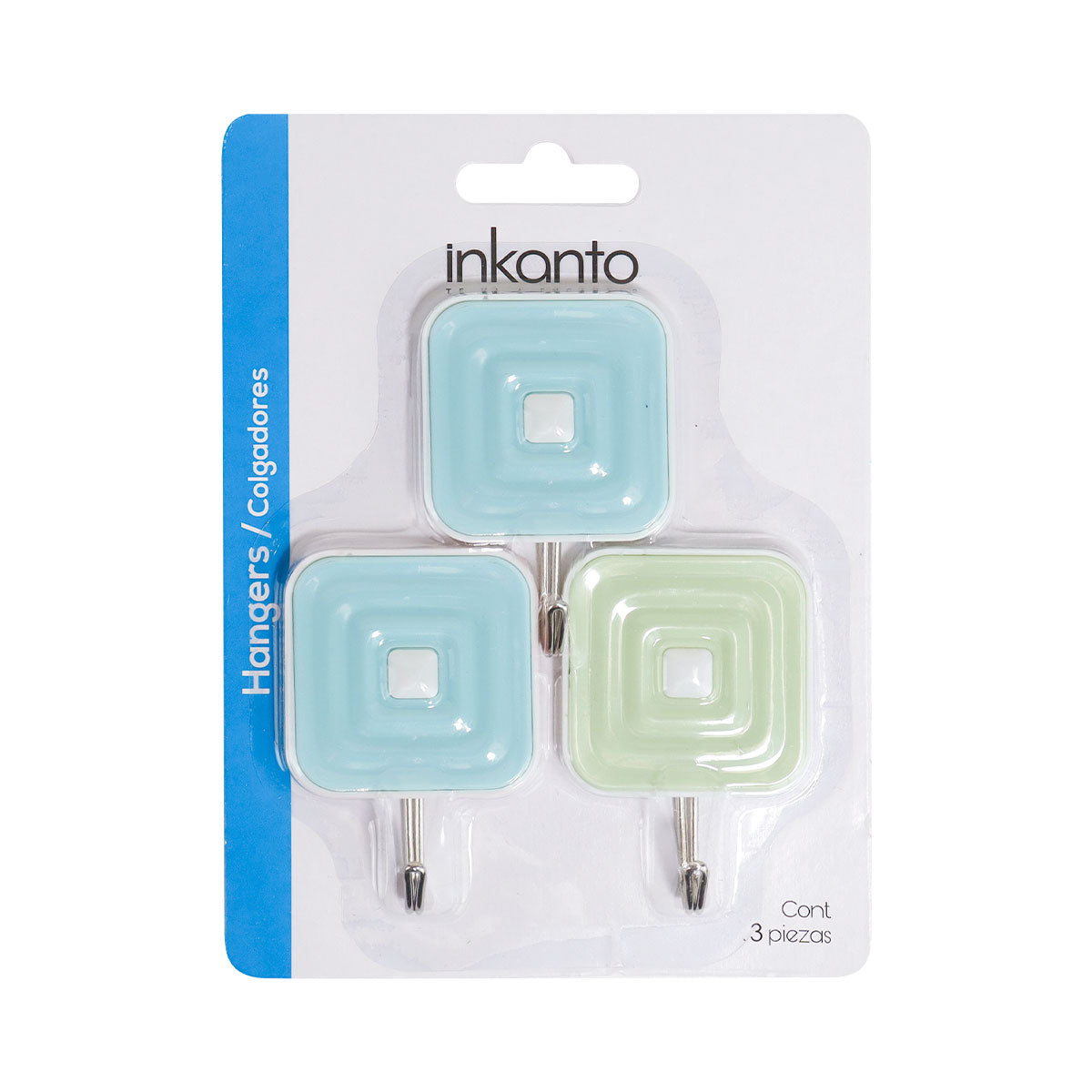 Colgadores Metálicos Cuadrados Autoadhesivos, Color Azul y Verde, 3 pzas