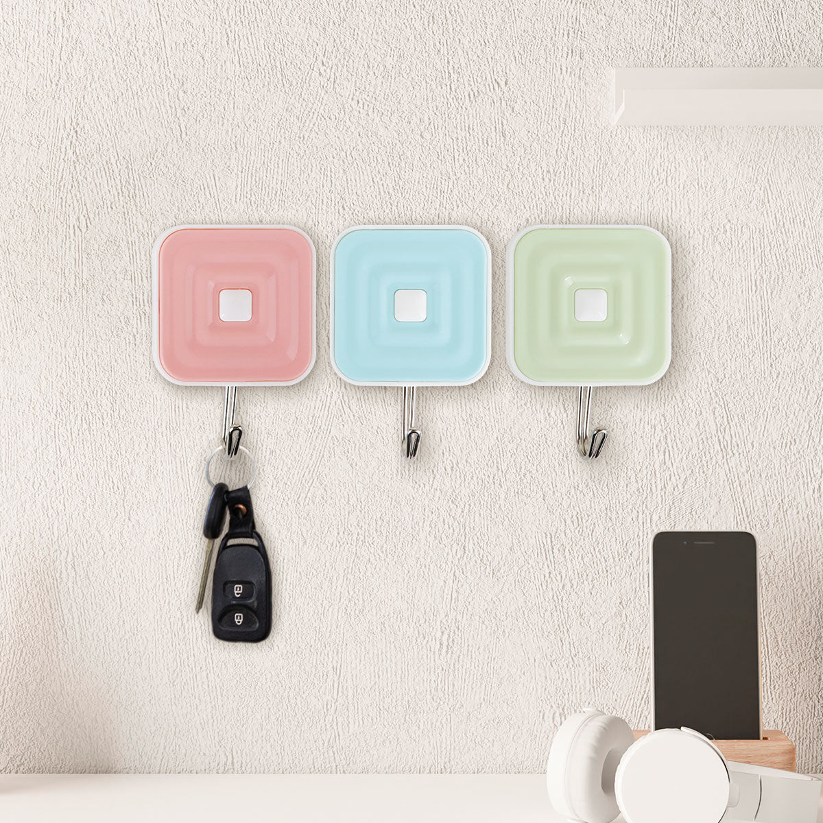 Colgadores Metálicos Cuadrados Autoadhesivos, Colores, 3 pzas