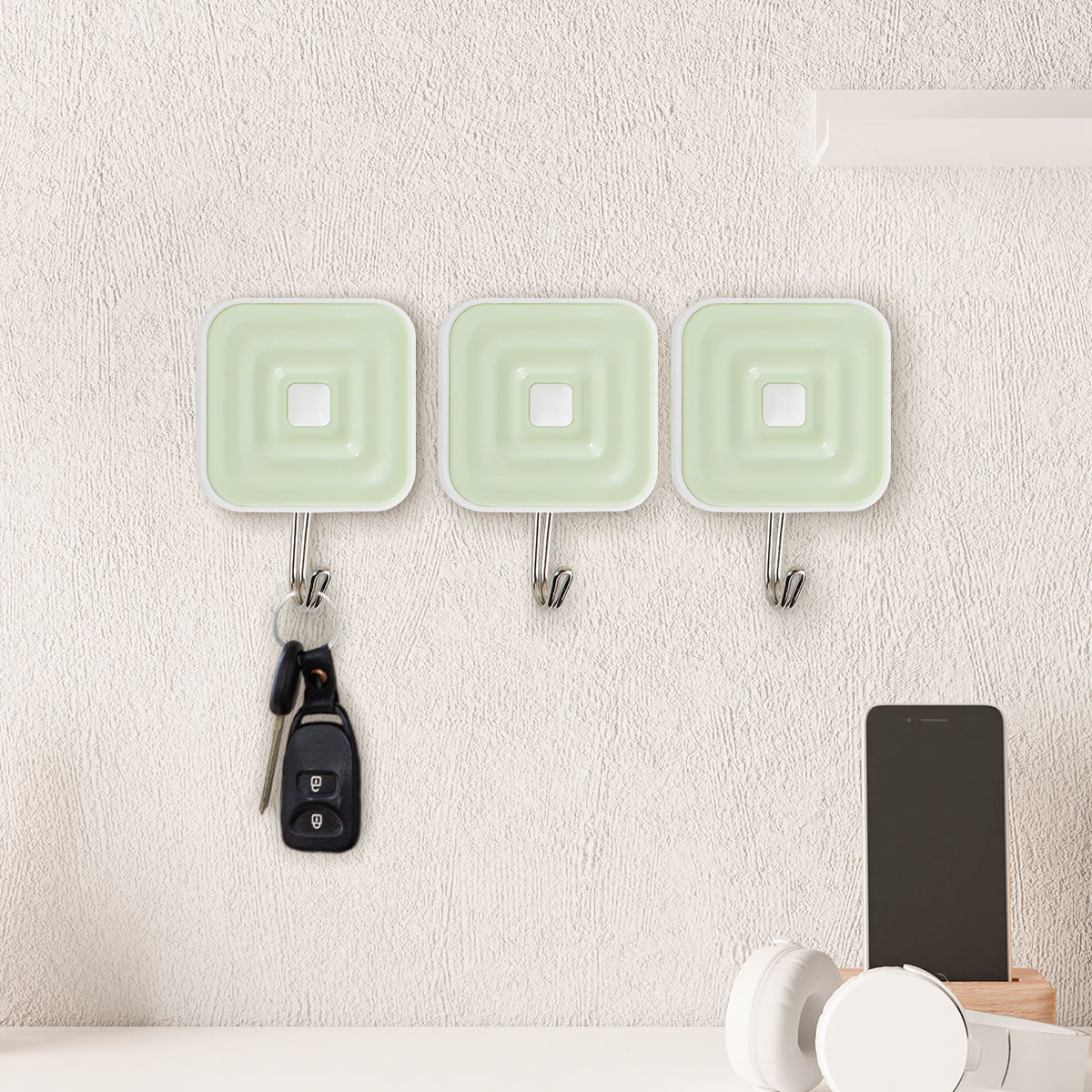 Colgadores Metálicos Cuadrados Autoadhesivos, Color Verde, 3 pzas