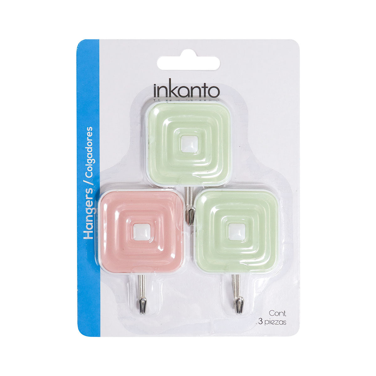 Colgadores Metálicos Cuadrados Autoadhesivos, Color Verde y Rosa, 3 pzas