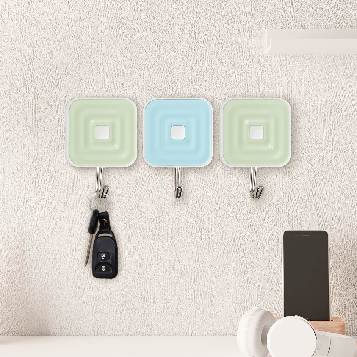 Colgadores Metálicos Cuadrados Autoadhesivos, Color Verde y Azul, 3 pzas