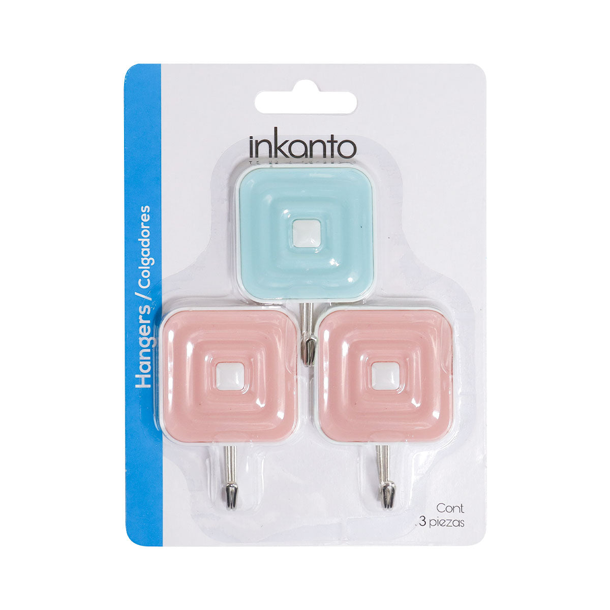 Colgadores Metálicos Cuadrados Autoadhesivos, Color Rosa y Azul, 3 pzas