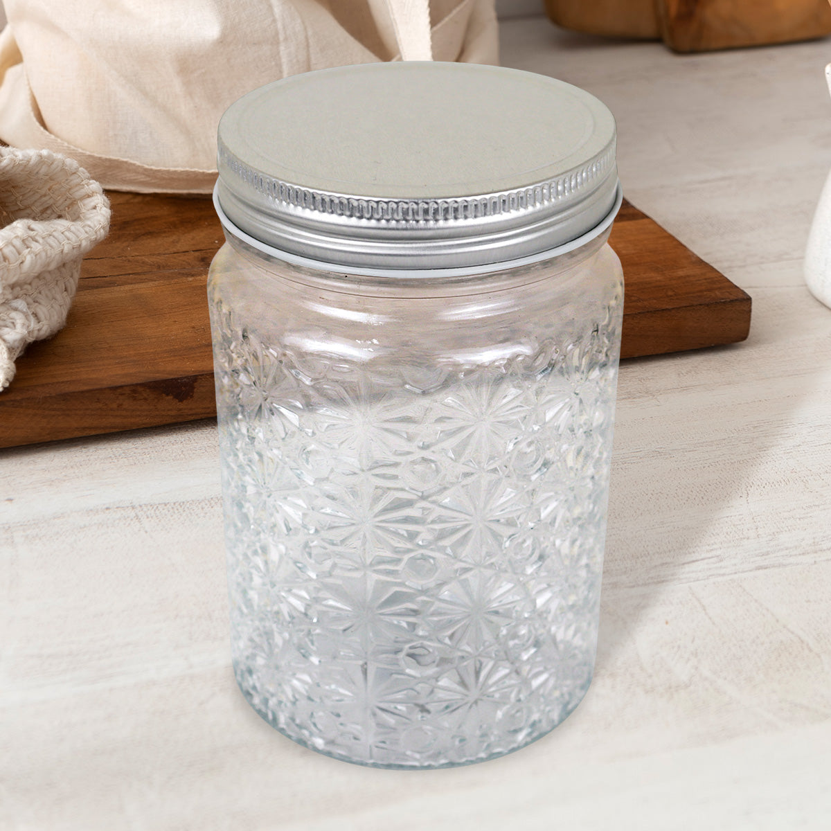 Frasco de Vidrio Texturizado con Tapa, Capacidad 600 ml