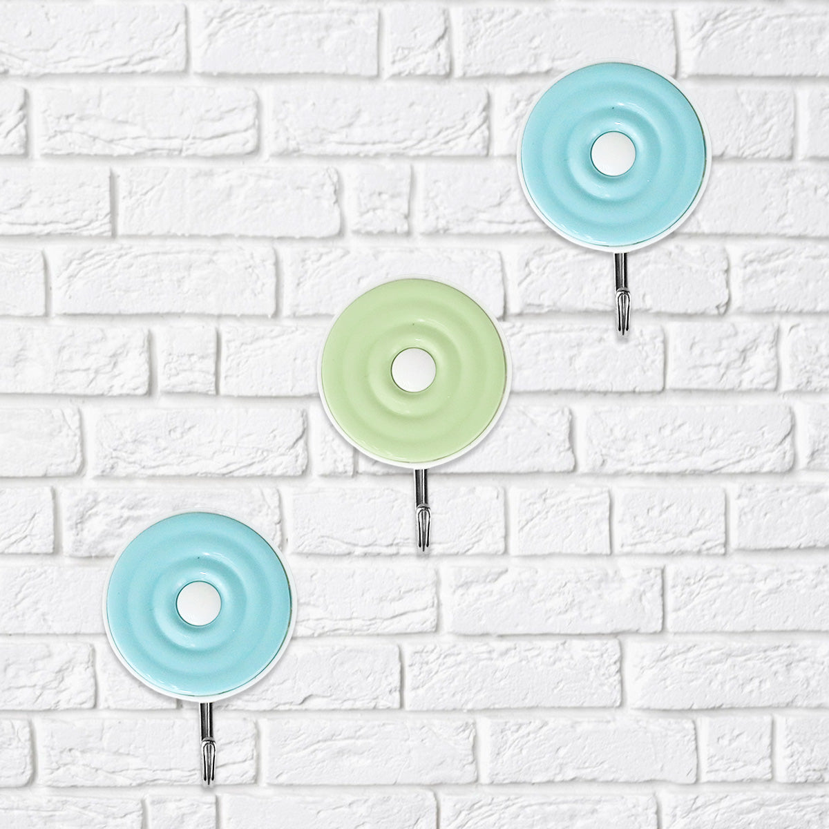 Colgadores Metálicos Redondos Autoadhesivos, Color Azul y Verde, 3 pzas