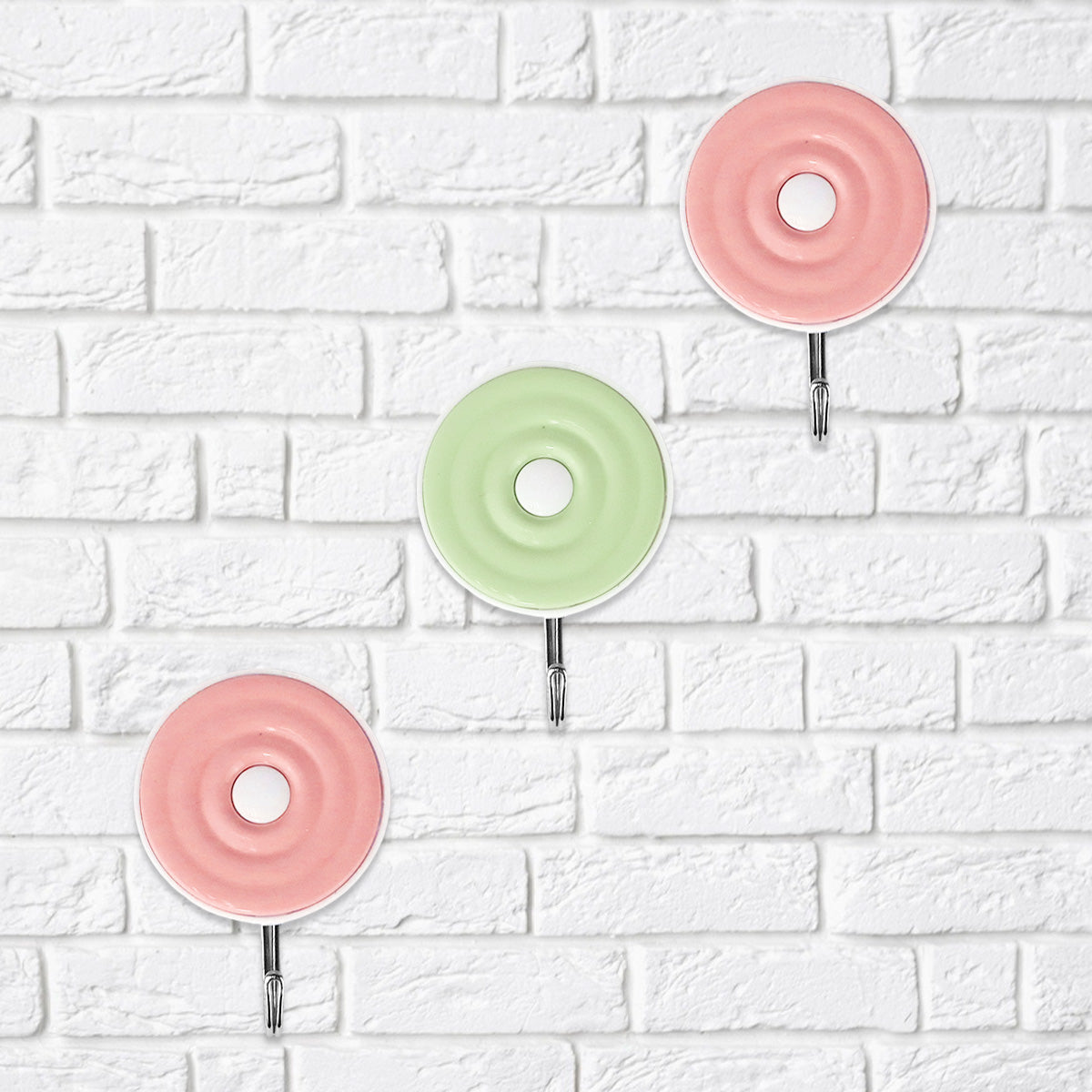 Colgadores Metálicos Redondos Autoadhesivos, Color Rosa y Verde, 3 pzas