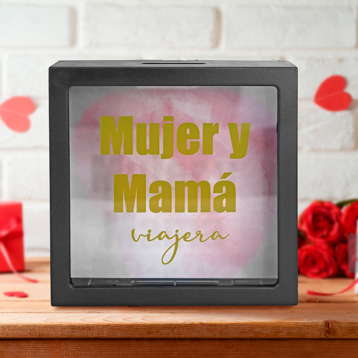 Alcancía Cuadrada con Diseño, "Mujer y mamá viajera"