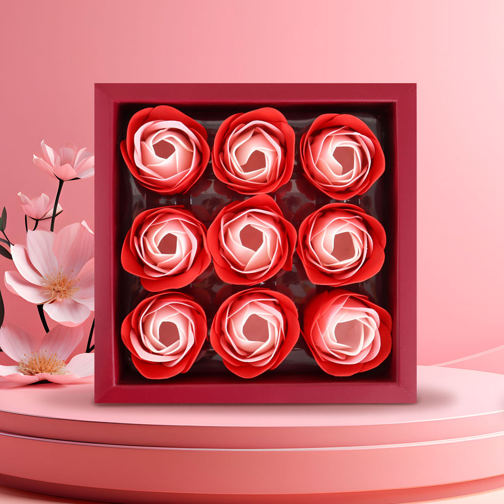 Caja con Flores de Jabón en Forma de Rosa, Color Rojo, 9 pzas