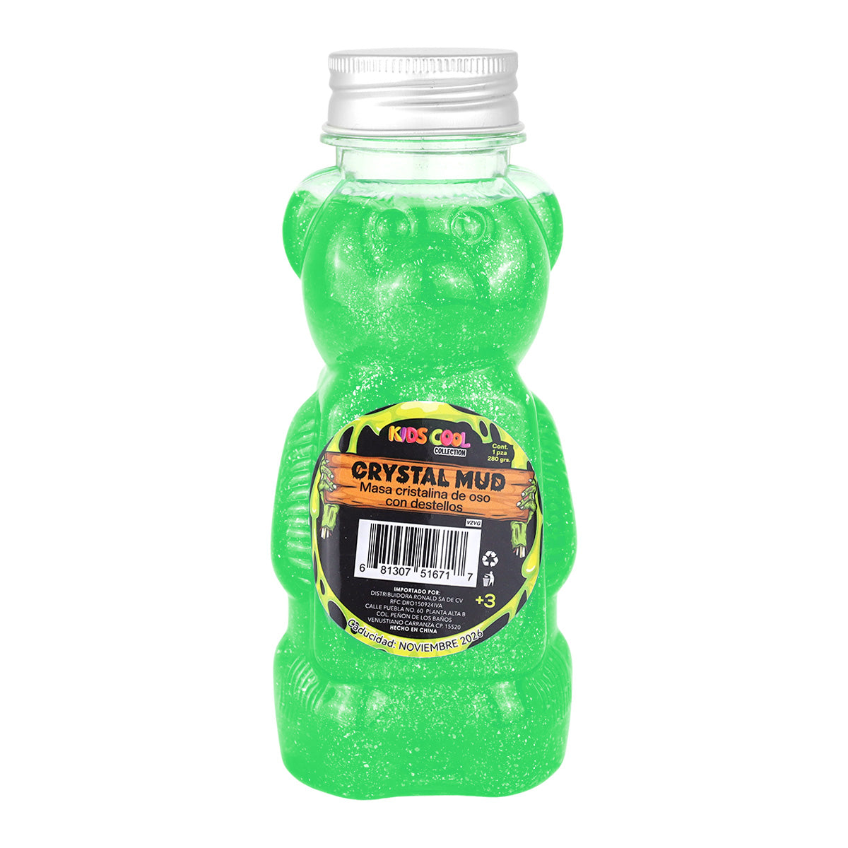 Slime Cristalino, Envase Oso, Color Verde