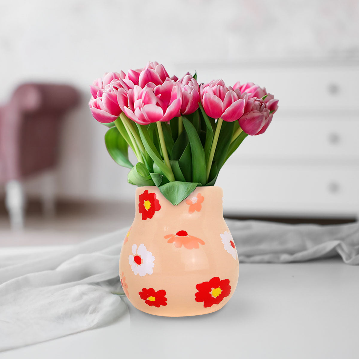 Jarrón de Cerámica, Diseño Flores, 10 cm