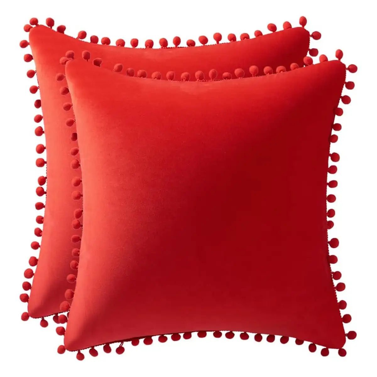 Funda de Almohada con Pompones, Terciopelo, Color Rojo