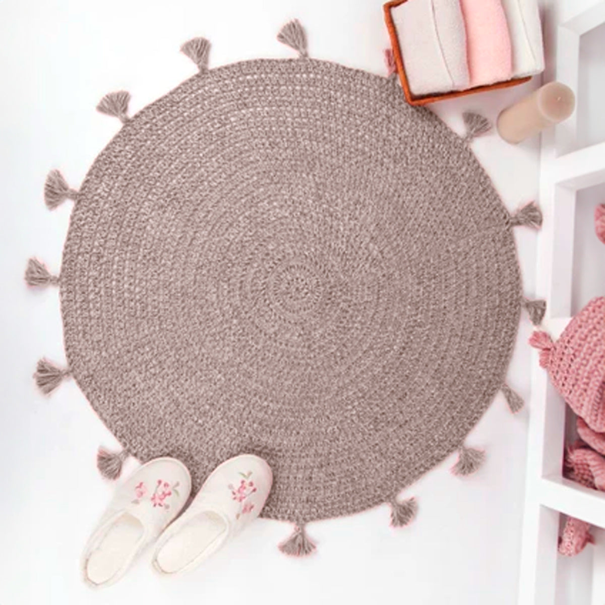 Alfombra Redonda Multiusos Tejida, Color Beige