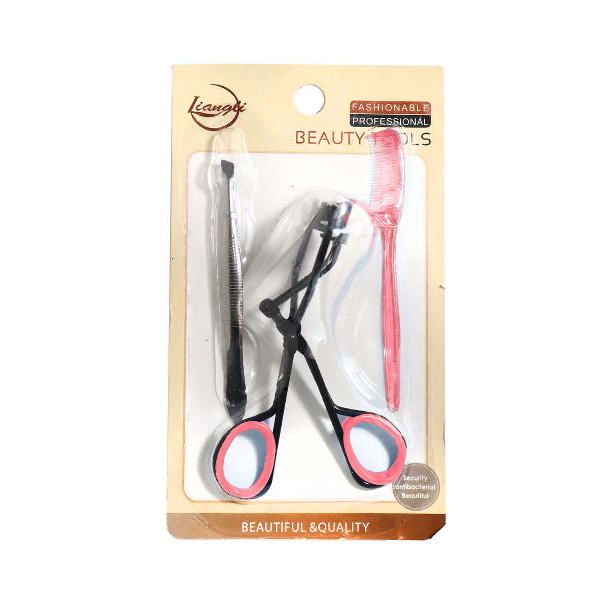 Kit de 3 en 1: Enchinador de Pestañas Rosa + Pinza de Depilar + Cepillo Rosa