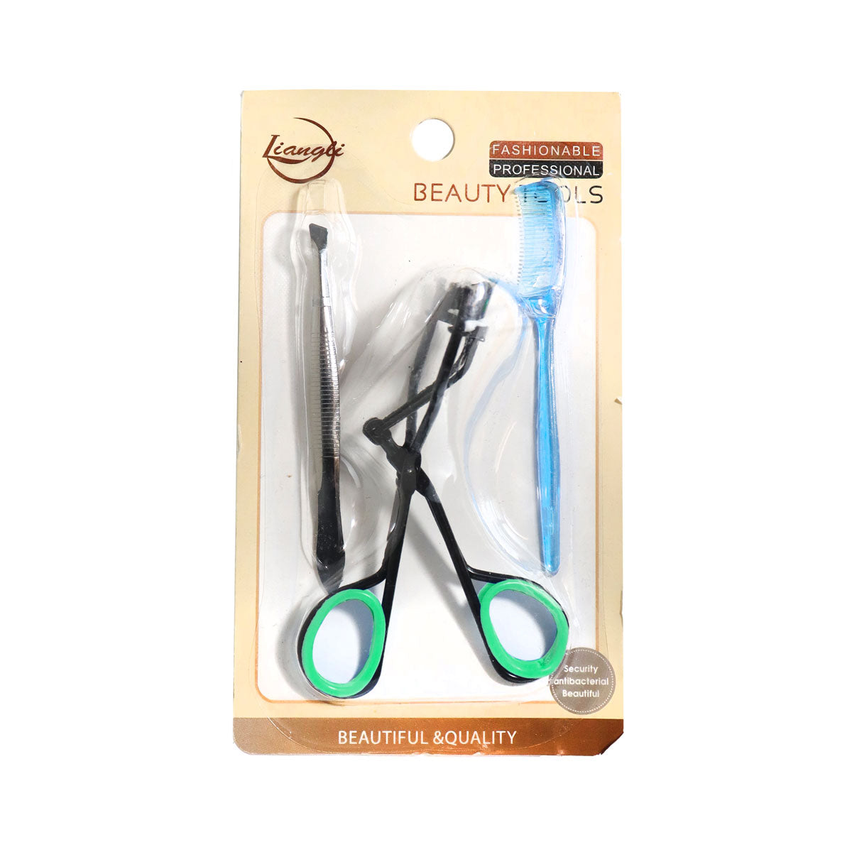 Kit 3 en 1: Enchinador de Pestañas Verde + Pinza de Depilar + Cepillo Azul