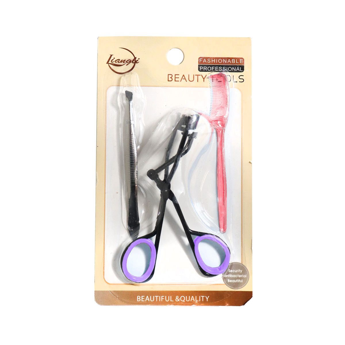 Kit 3 en 1: Enchinador de Pestañas Morado + Pinza de Depilar + Cepillo Rosa