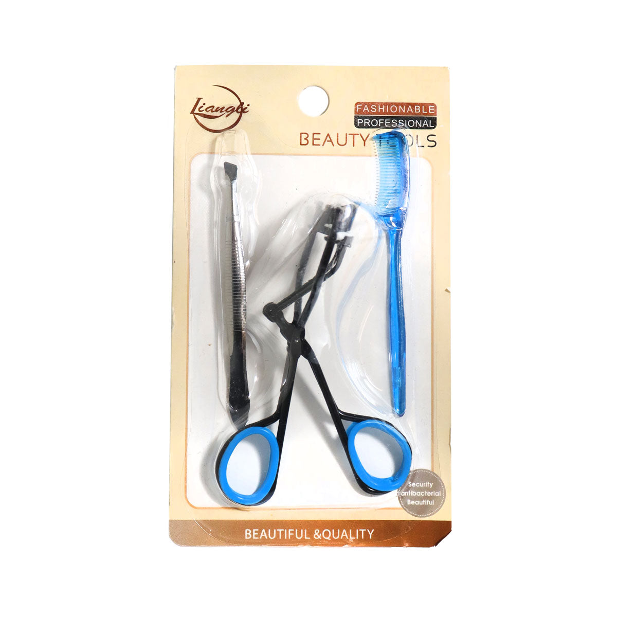 Kit 3 en 1: Enchinador de Pestañas Azul + Pinza de Depilar + Cepillo Azul