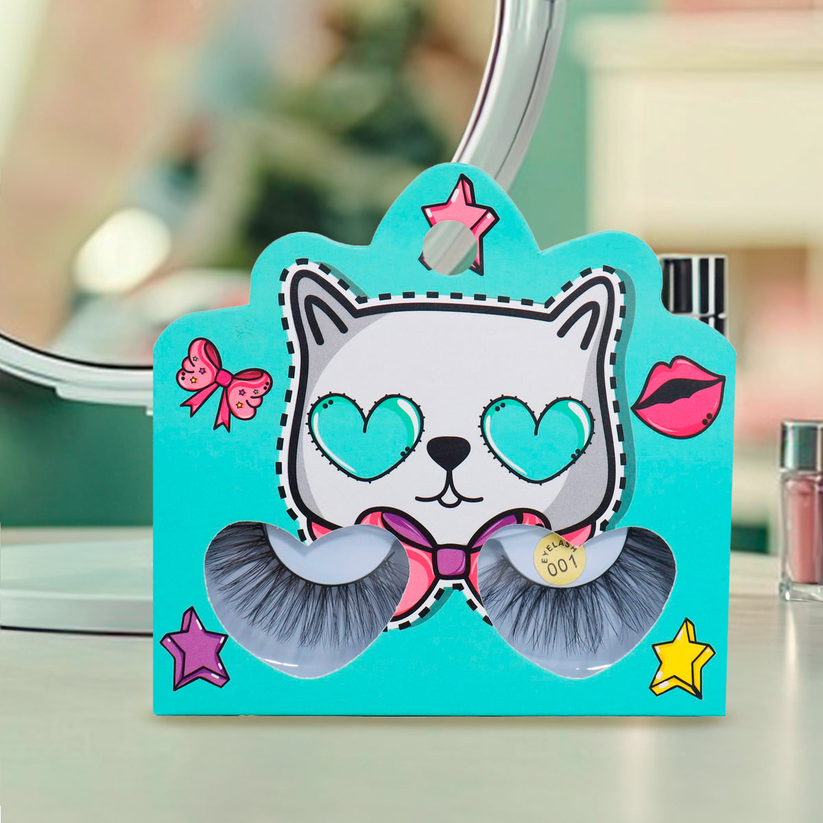 Pestañas Postizas, Empaque Aqua de Gatito con Corazones