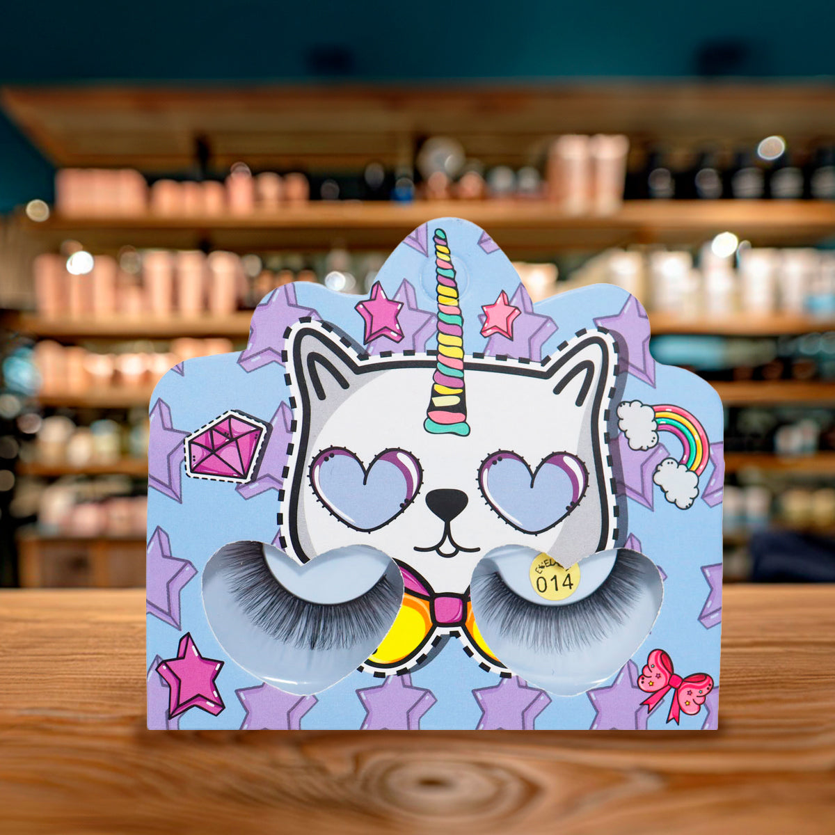 Pestañas Postizas, Empaque Morado de Gatito con Corazones