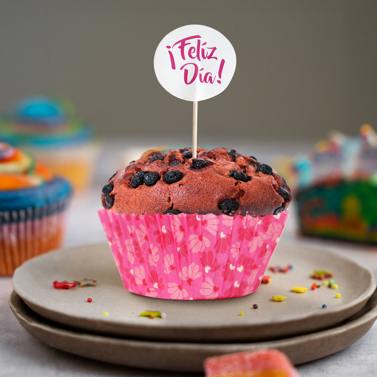 Set de Capacillos Diseño Flores con Toppers para Cupcakes, "¡Feliz Día!"