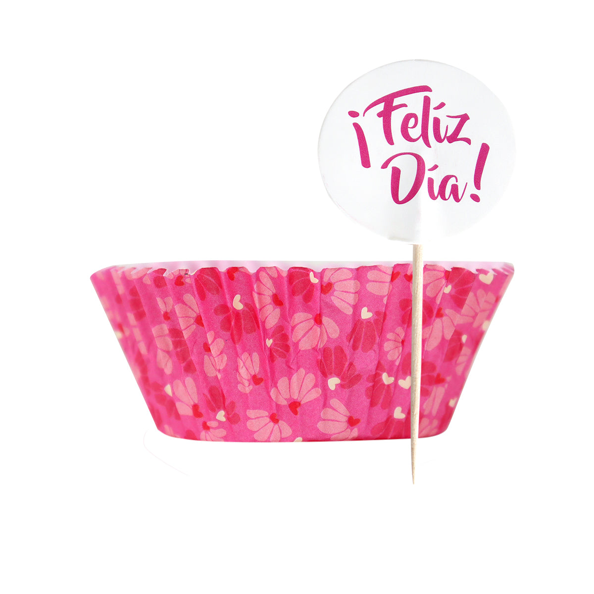 Set de Capacillos Diseño Flores con Toppers para Cupcakes, "¡Feliz Día!"