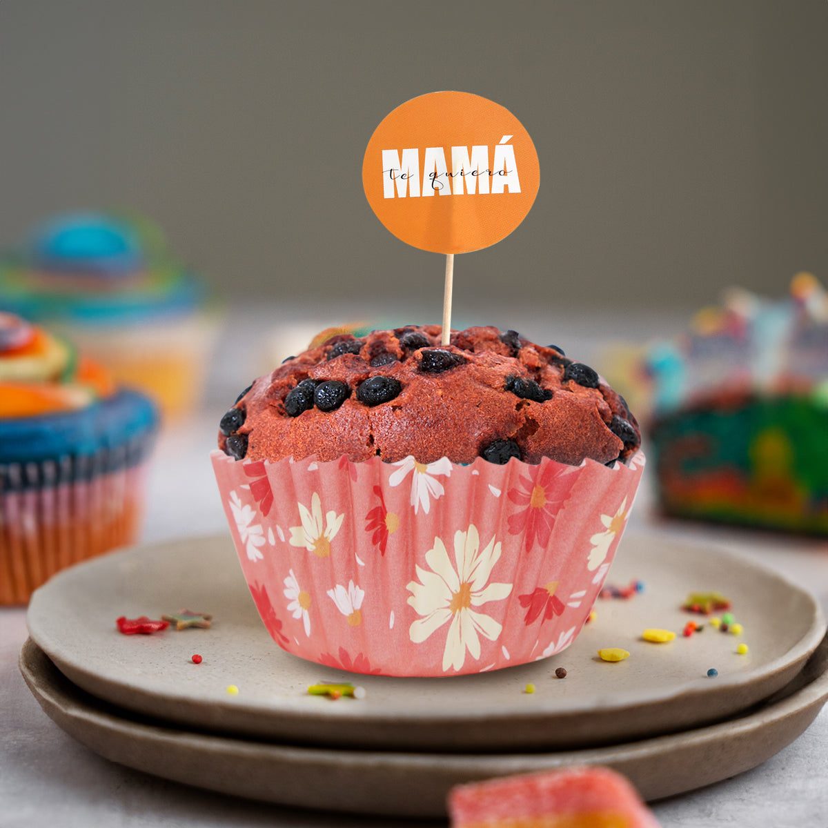 Set de Capacillos Diseño Flores con Toppers para Cupcakes, "MAMÁ te quiero"