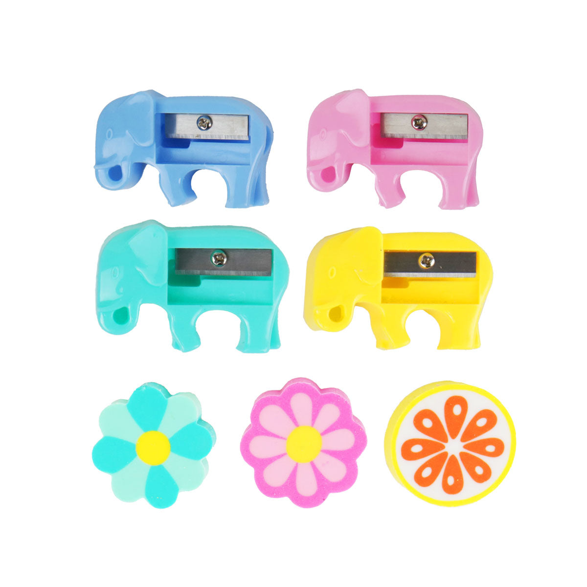 Set de Sacapuntas Elefante + Gomas, 6 pzas