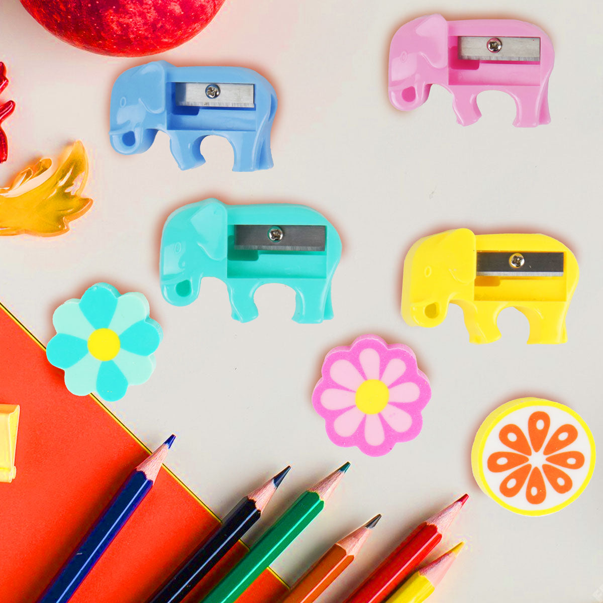 Set de Sacapuntas Elefante + Gomas, 6 pzas