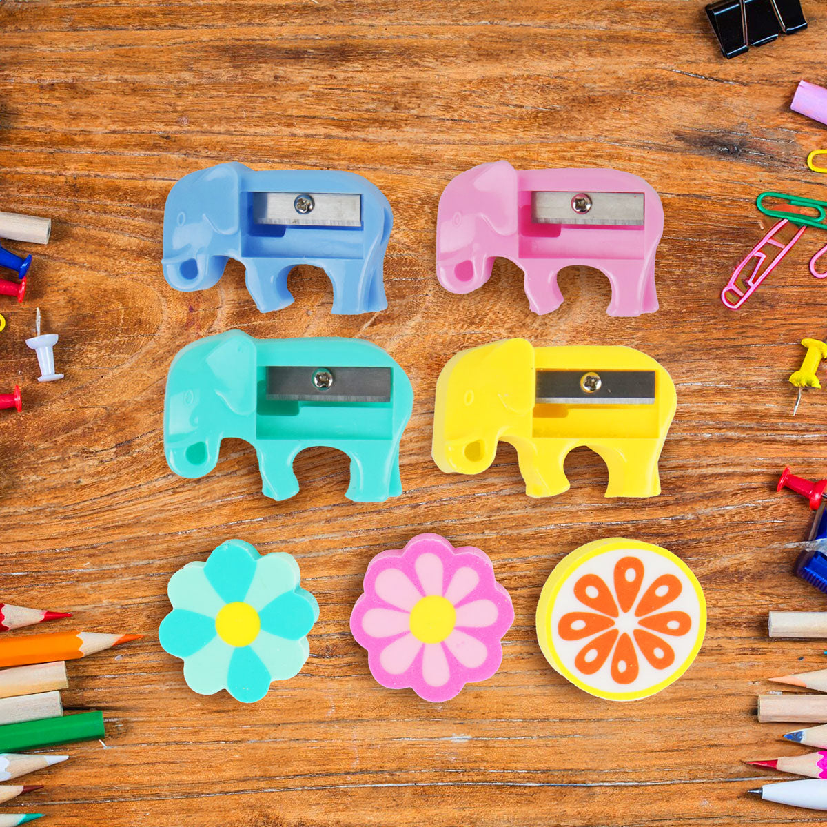 Set de Sacapuntas Elefante + Gomas, 6 pzas