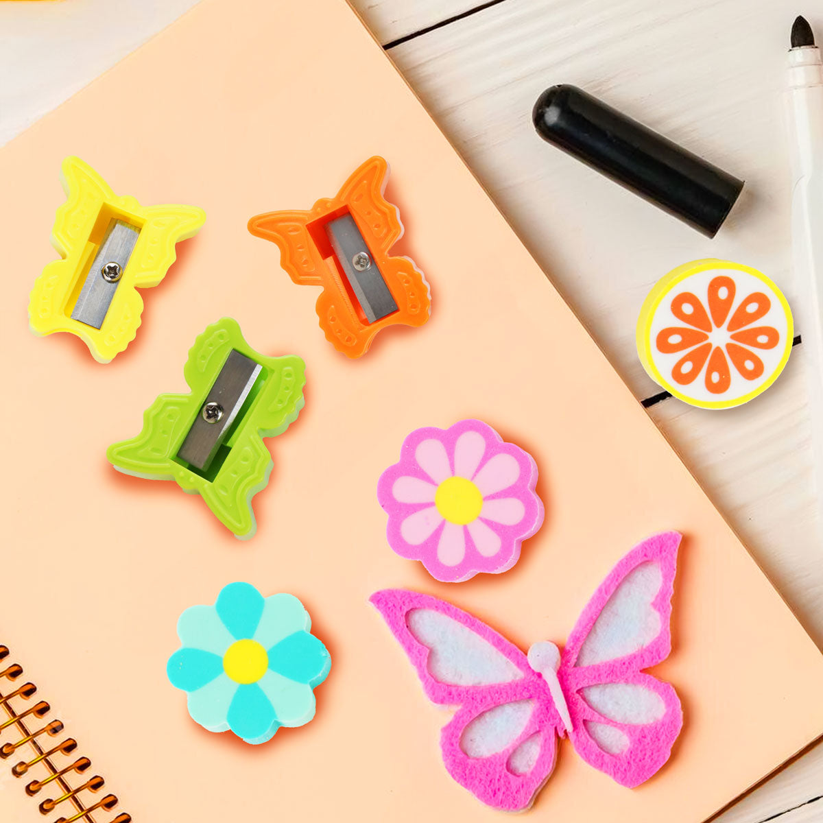 Set de Sacapuntas Mariposa + Gomas, 6 pzas